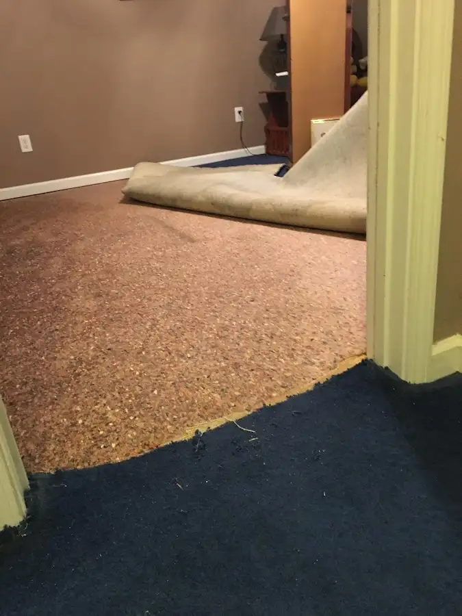 Carpet pad removal revealing water damage during Water Mitigation Services in Garner